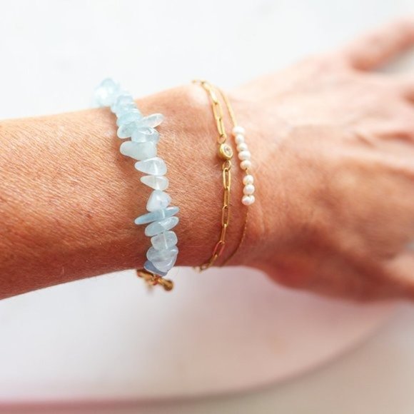 BUNDLE GENUINE AQUAMARINE Stud Earrings & Aquamarine Bracelet non-tarnish Gold - Picture 8 of 15